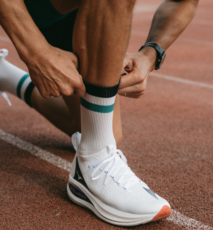 YMR Track Club Åsunden Mid Crew Socks Off-White/ Navy / Warm Green